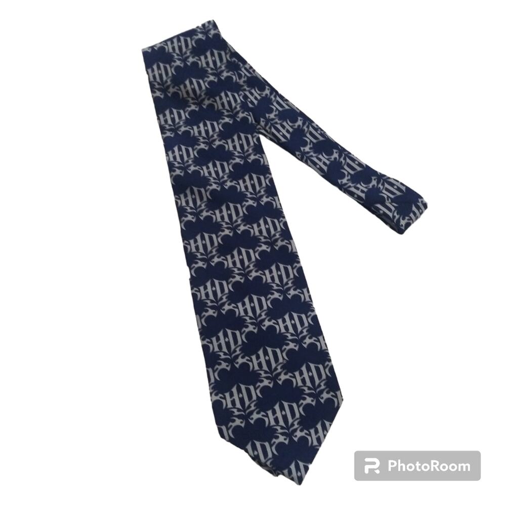 Harley Davidson Blue Silver Tattoo Tribal Print Silk Tie Motto Novelty